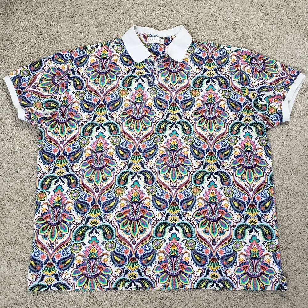 Etro Polo Shirt Men 2XL Multicolor Paisley Cotton Knit Short Sleeve Made Italy